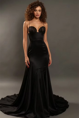 Timeless Black Spaghetti-Straps Sleeveless Mermaid Satin Evening Dresses Beads With Zipper