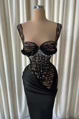 Romantic Black Straps Sweetheart Sleeveless Mermaid Lace Satin Evening Dresses Pearls With Pleats