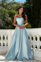 Glamorous Sky Blue Strapless Sleeveless Satin A-Line Evening Dresses Floor Length With Lace-Up Back