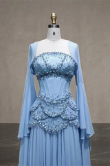 Timeless Blue Long Sleeves Chiffon Evening Dresses Floor Length With Beading Pleats