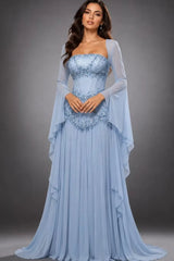 Timeless Blue Long Sleeves Chiffon Evening Dresses Floor Length With Beading Pleats