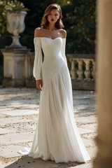 Graceful Sweetheart Long Sleeves Chiffon Evening Dresses Floor Length With Zipper Pleats