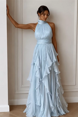 Timeless Dusty Blue Halter Sleeveless Chiffon Evening Dresses Floor Length With Pleats