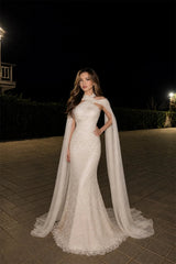Graceful Halter Off The Shoulder Mermaid Evening Dresses Floor Length With Ribbon