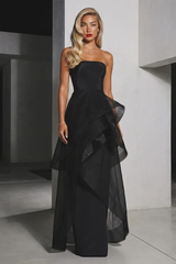 Timeless Black Strapless Sleeveless Satin Evening Dresses Floor Length With Pleats