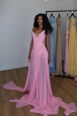 Charming Pink Strapless Sleeveless Chiffon Evening Dresses Gem Pleats With Lace-Up Back