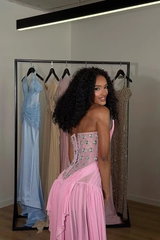 Charming Pink Strapless Sleeveless Chiffon Evening Dresses Gem Pleats With Lace-Up Back