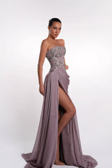 Glamorous Purple Strapless Sleeveless Mermaid Evening Dresses High Split With Lace-Up Back