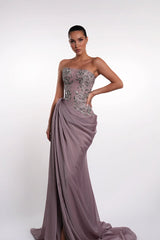Glamorous Purple Strapless Sleeveless Mermaid Evening Dresses High Split With Lace-Up Back
