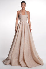 Dazzling Halter Sleeveless A-Line Evening Dresses Floor Length Beads With Lace-Up Back