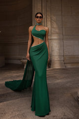 Luxurious Dark Green Sleeveless Satin Mermaid Evening Dresses Sheath Gem With Pleats