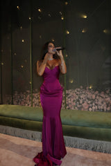 Pretty Purple Sweetheart Strapless Sleeveless Satin Mermaid Evening Dresses Sheath With Pleats