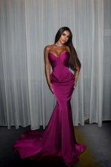 Pretty Purple Sweetheart Strapless Sleeveless Satin Mermaid Evening Dresses Sheath With Pleats