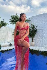 Chic Sweetheart Strapless Sleeveless Evening Dresses High Split Pearls With Lace-Up Back