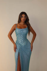 Charming Dusty Blue Spaghetti-Straps Sleeveless Mermaid Evening Dresses High Split With Pleats