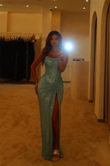 Charming Dusty Blue Spaghetti-Straps Sleeveless Mermaid Evening Dresses High Split With Pleats