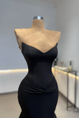 Romantic Black Strapless Sleeveless Satin Mermaid Evening Dresses Column With Pleats