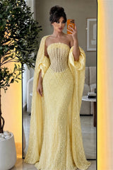 Luxurious Daffodil Strapless Sleeveless Mermaid Evening Dresses Pearls Column With Wrap