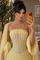 Luxurious Daffodil Strapless Sleeveless Mermaid Evening Dresses Pearls Column With Wrap