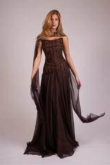 Glamorous Chocolate Strapless Sleeveless Chiffon Evening Dresses Floor Length With Zipper