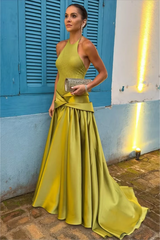 Timeless Dusty Sage Halter Sleeveless Satin Evening Dresses A-Line With Pleats