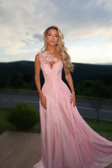 Luxurious Pink One Shoulder Sleeveless A-Line Evening Dresses Floor Length With Pleats