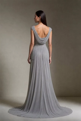 Timeless Gray Straps Sleeveless Chiffon Evening Dresses Floor Length Beads With Zipper Pleats