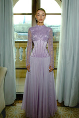 Charming Lilac Long Sleeves A-Line Evening Dresses Floor Length With Pleats