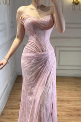 Romantic Sweetheart Strapless Sleeveless Mermaid Lace Evening Dresses High Split With Pleats