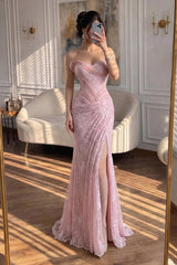 Romantic Sweetheart Strapless Sleeveless Mermaid Lace Evening Dresses High Split With Pleats