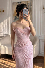 Romantic Sweetheart Strapless Sleeveless Mermaid Lace Evening Dresses High Split With Pleats