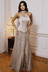 Luxurious Strapless Sleeveless A-Line Evening Dresses Floor Length Beads With Lace-Up Back