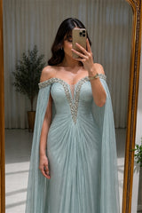 Luxurious Dusty Blue Off The Shoulder Mermaid Evening Dresses Floor Length With Pleats Ruffles