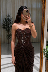 Unique Brown Sweetheart Strapless Sleeveless Mermaid Evening Dresses Split Beading With Pleats