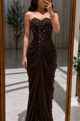 Unique Brown Sweetheart Strapless Sleeveless Mermaid Evening Dresses Split Beading With Pleats