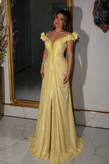 Romantic Yellow Off The Shoulder Evening Dresses High Split With Zipper Pleats