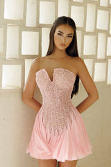 Dazzling Pink Strapless Sleeveless Chiffon Homecoming Dresses Mini With Pleats