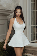 Unique White Halter Sleeveless Satin Lace Mini Homecoming Dresses