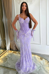 Luxurious Lilac Spaghetti-Straps Sweetheart Sleeveless Lace Evening Dresses Mermaid With Beading