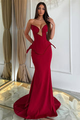 Unique Burgundy Sweetheart Strapless Sleeveless Satin Mermaid Evening Dresses Sheath With Beading