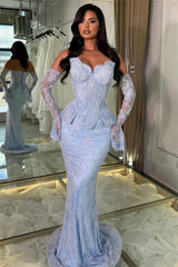 Charming Sky Blue Sweetheart Strapless Sleeveless Mermaid Lace Evening Dresses Column With Pleats