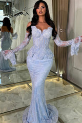 Charming Sky Blue Sweetheart Strapless Sleeveless Mermaid Lace Evening Dresses Column With Pleats