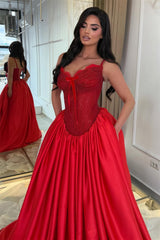 Luxurious Red Sweetheart Spaghetti-Straps Satin Evening Dresses A-Line With Pocket Lace-Up Back