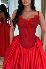 Luxurious Red Sweetheart Spaghetti-Straps Satin Evening Dresses A-Line With Pocket Lace-Up Back