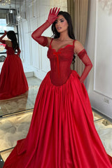 Luxurious Red Sweetheart Spaghetti-Straps Satin Evening Dresses A-Line With Pocket Lace-Up Back
