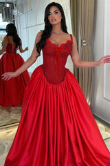 Luxurious Red Sweetheart Spaghetti-Straps Satin Evening Dresses A-Line With Pocket Lace-Up Back