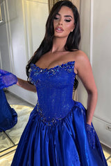 Romantic Royal Blue Strapless Sleeveless Satin Evening Dresses Gem A-Line With Pleats