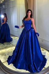 Romantic Royal Blue Strapless Sleeveless Satin Evening Dresses Gem A-Line With Pleats