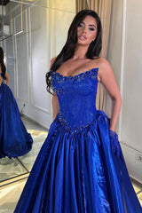 Romantic Royal Blue Strapless Sleeveless Satin Evening Dresses Gem A-Line With Pleats