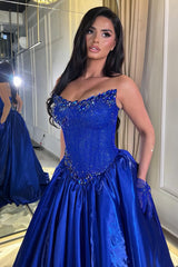 Romantic Royal Blue Strapless Sleeveless Satin Evening Dresses Gem A-Line With Pleats